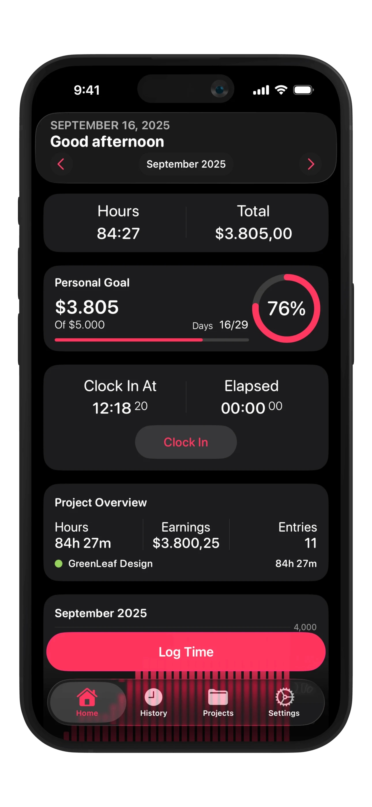 Work Counter time tracking screen with clock in/out and hours registration
